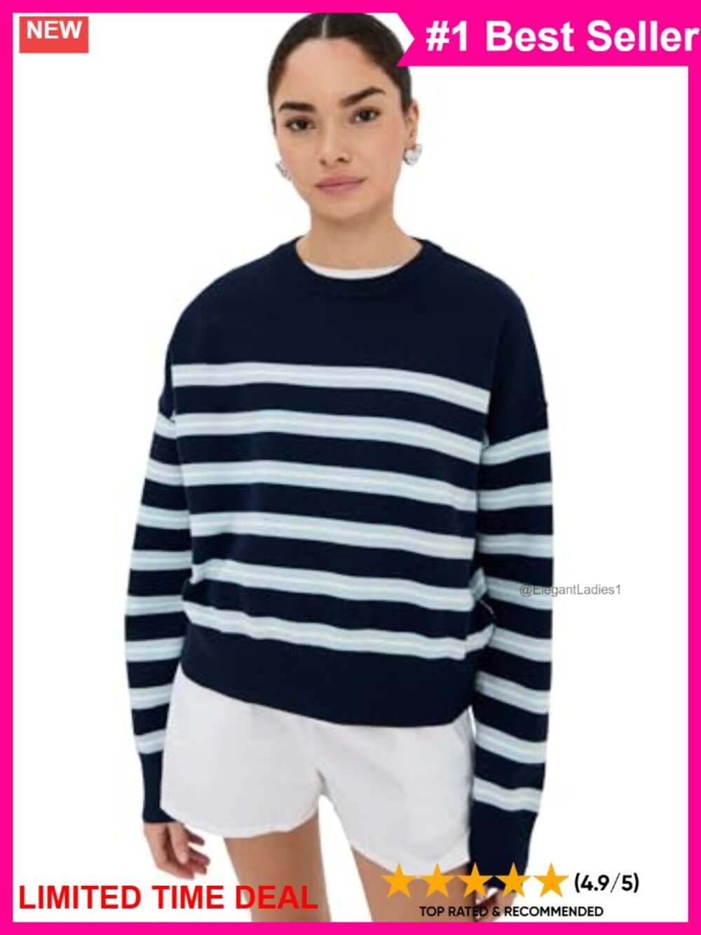 LE BOP Women's Striped Boxy Pullover Midweight Knit Long Sleeve Crew Neck